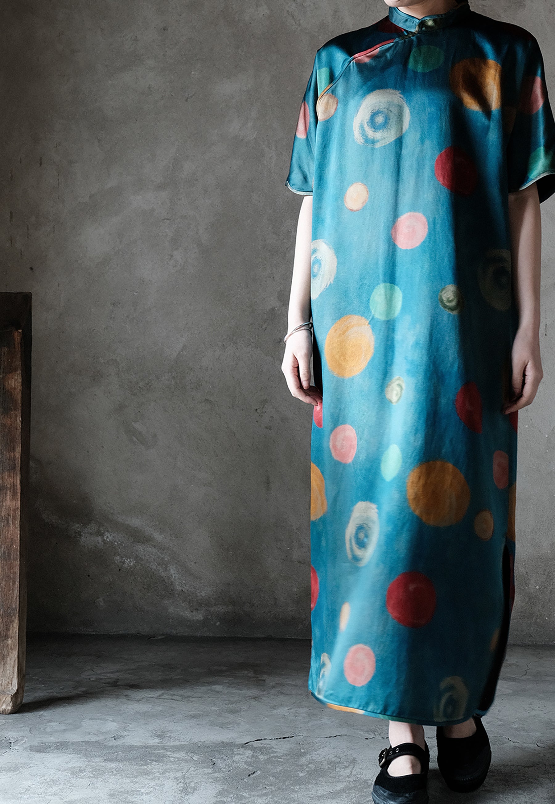 Heavy Weight Printed Charmeuse Mud Silk Satin Modified Qipao Dress