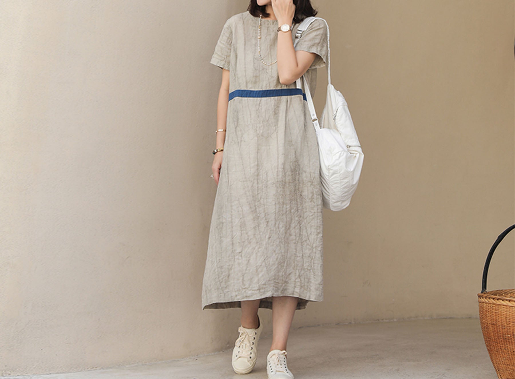 edoa Two Tone Crinkled Linen Dress
