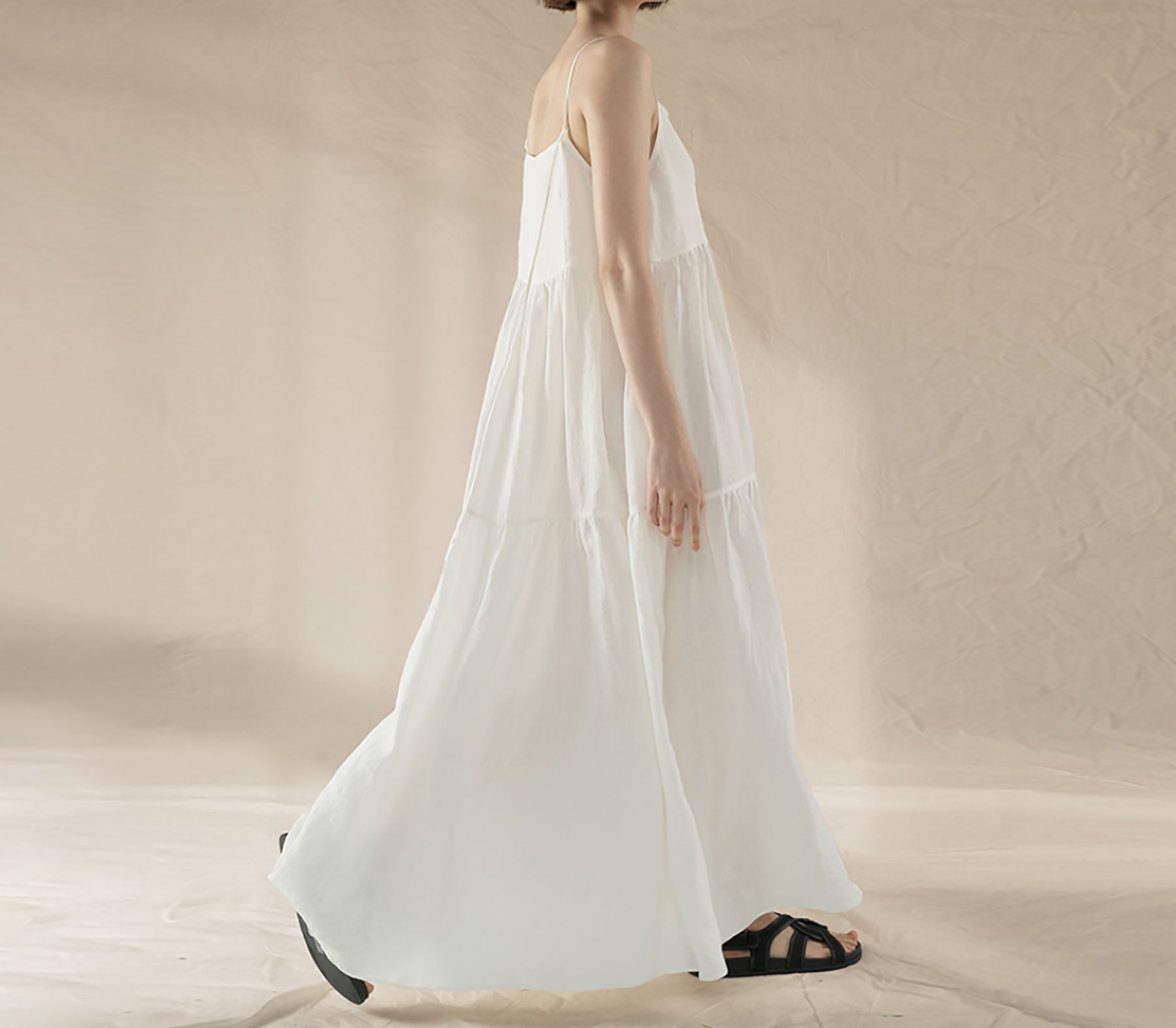 edoa White Linen Tiered Camisole Dress 