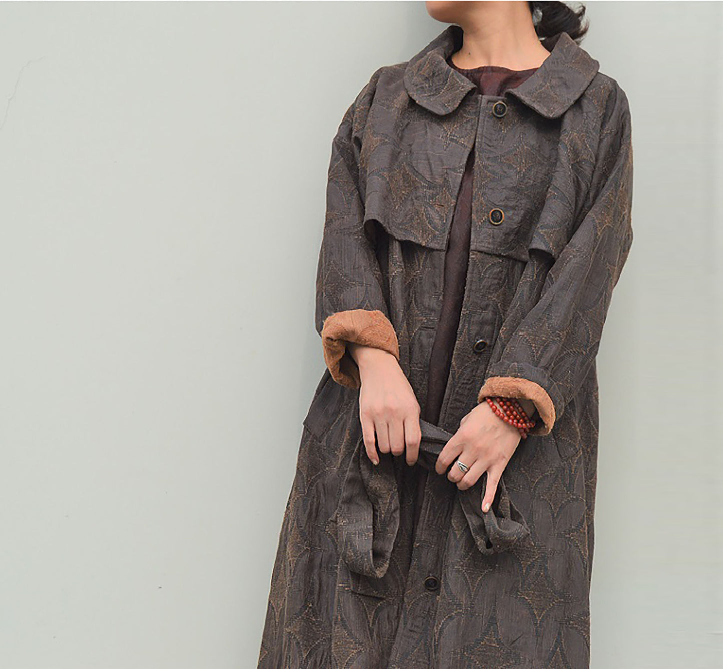 edoa Mud Tussah Silk Jacquard Peter Pan Collar Trench Coat 