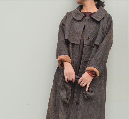 edoa Mud Tussah Silk Jacquard Peter Pan Collar Trench Coat 