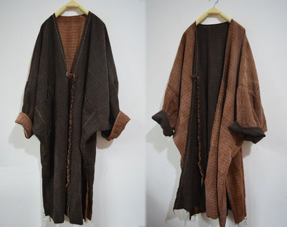 edoa Oversized Bohemian Raw Edged Reversible Tussah Silk Duster Coat 