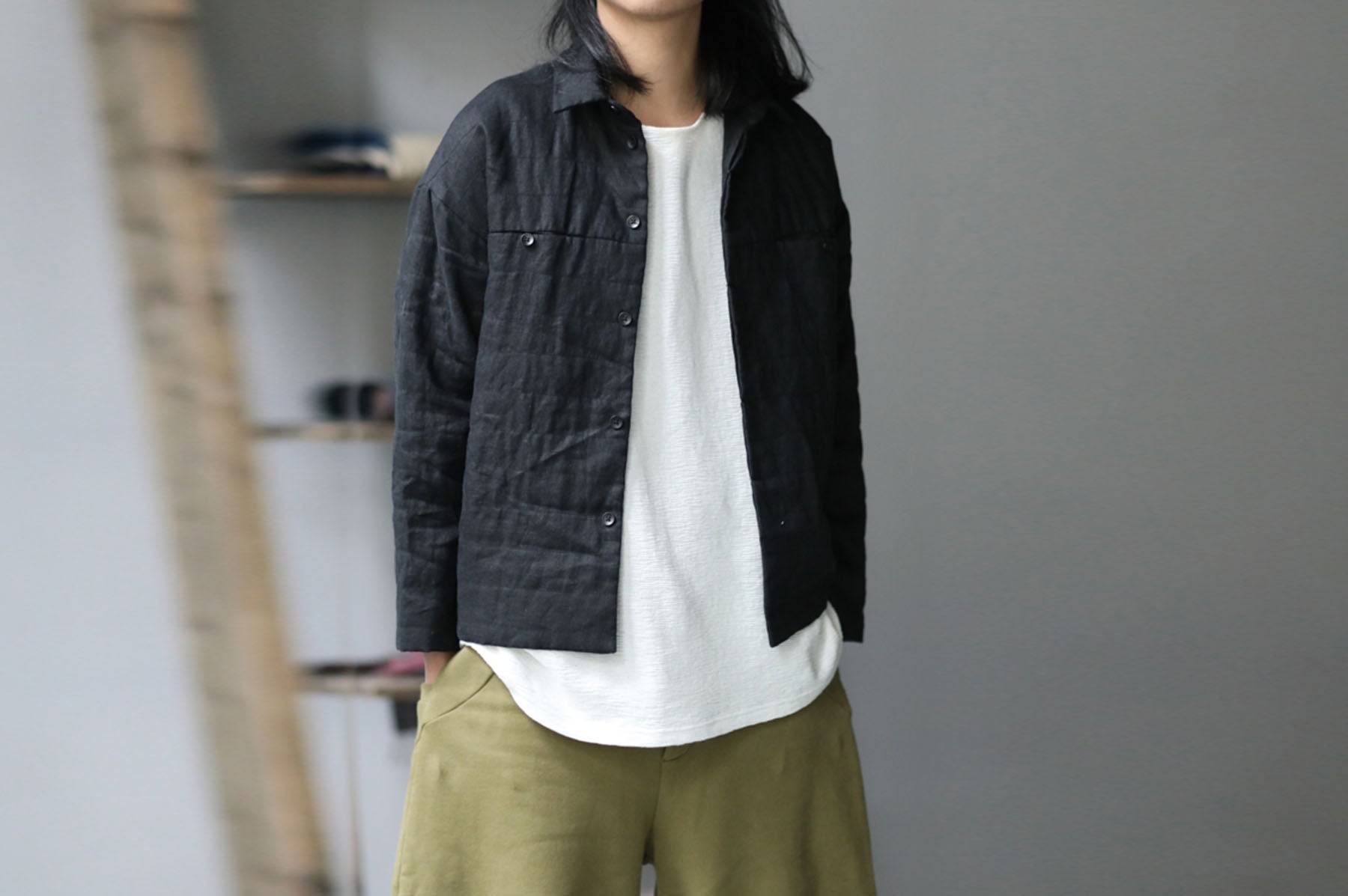 edoa Unisex Black Linen Padded Jacket 