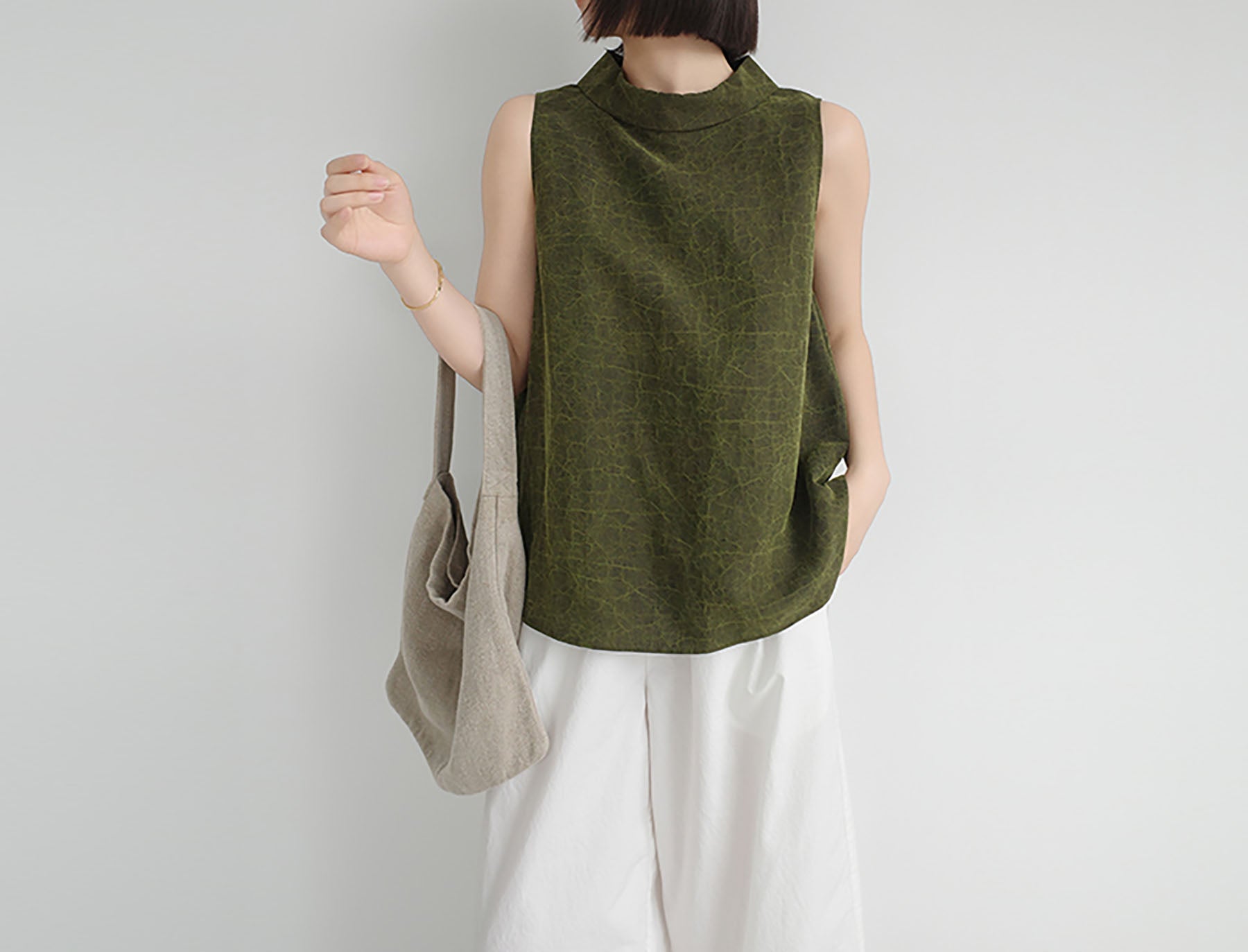 edoa Modenized Green Cracked Mud Silk Trapeze Tank Top