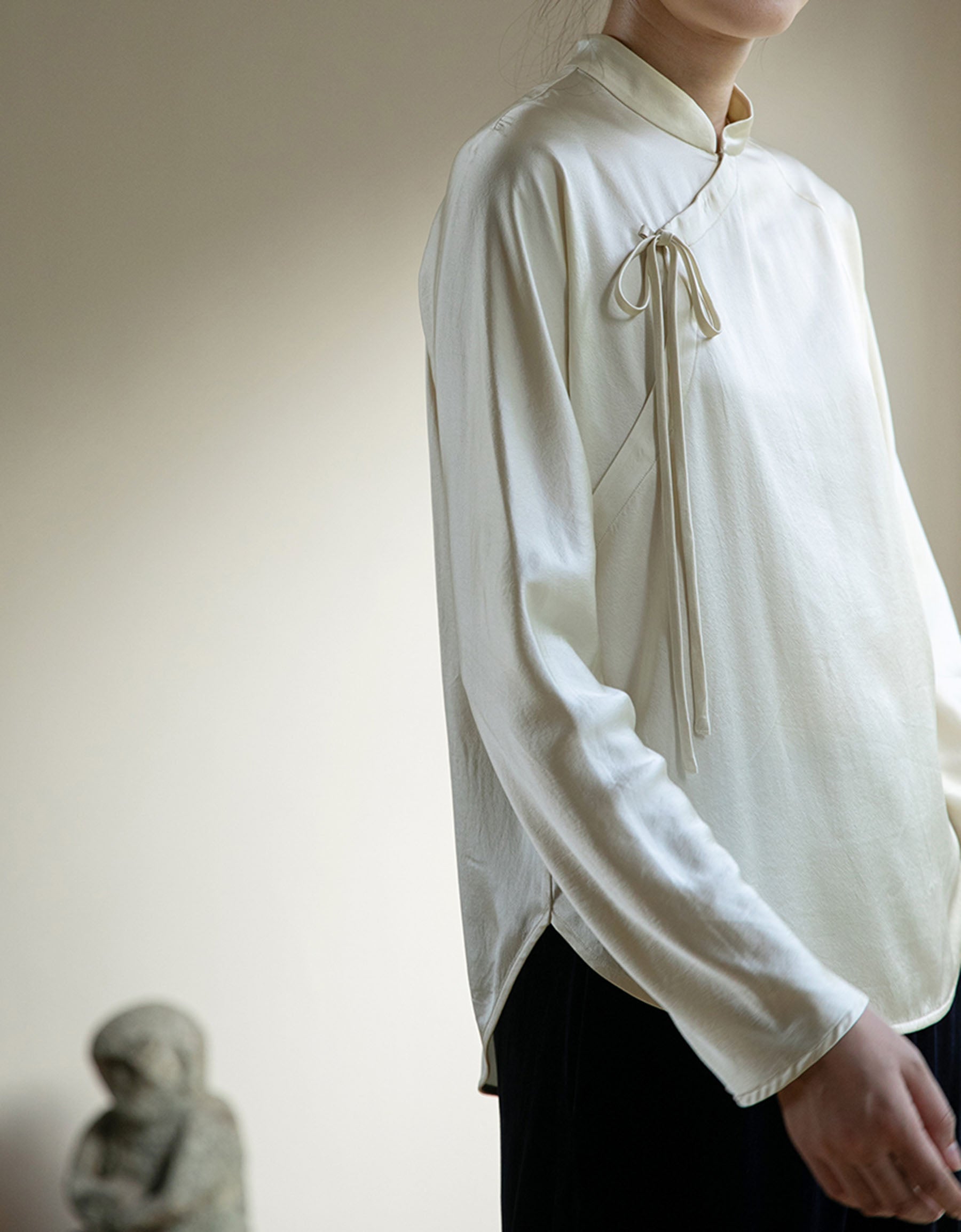 edoa Stone Washed Silk Satin Chinese Blouse