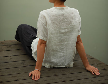 edoa Stand Collar Loose Linen Pleated Shirt 