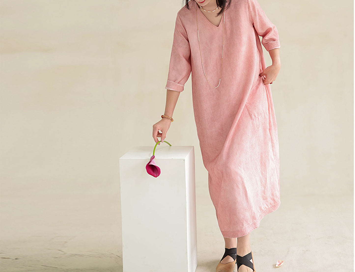 edoa Distressed Plant Dyed Tussah Silk V-neck Dress