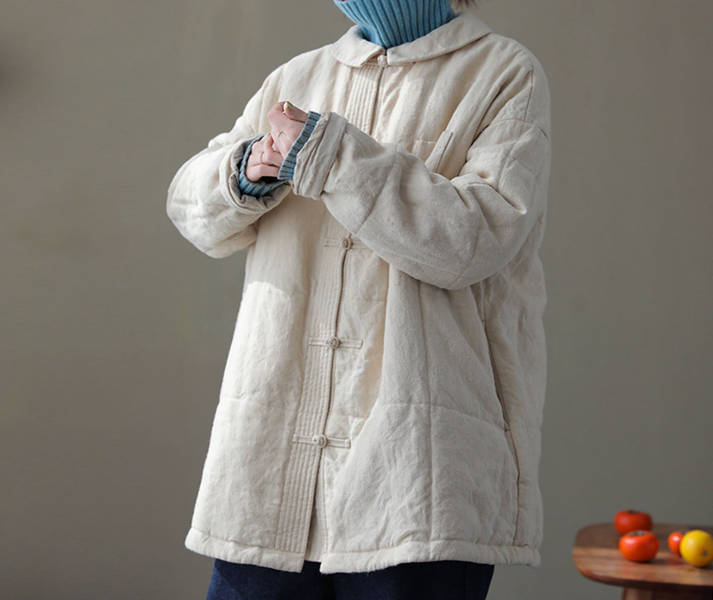 edoa Peter Pan Collar Linen Quilted Modified Chinese Coat 
