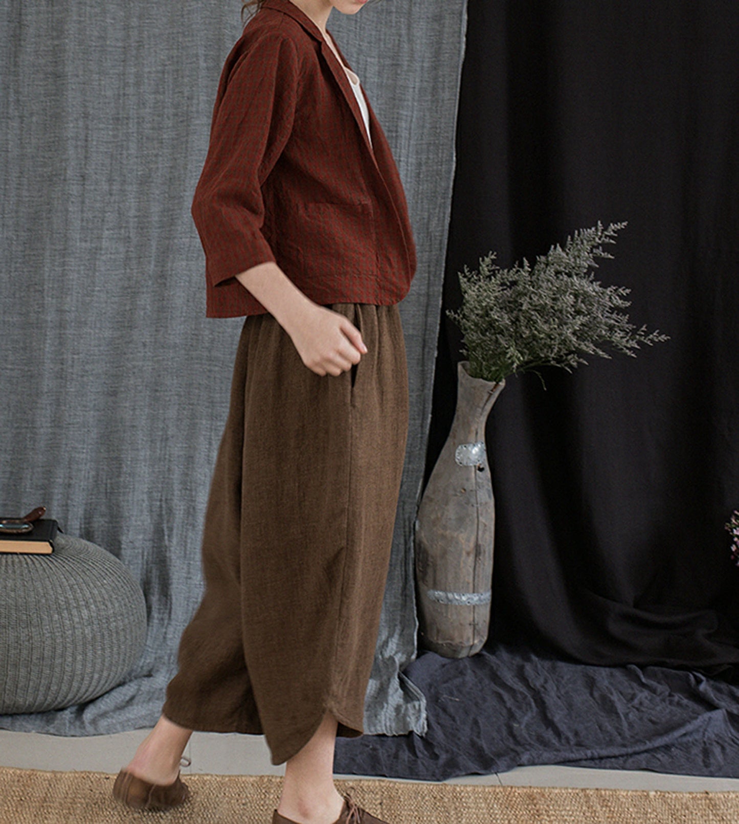 edoa Brown Twill Ramie Fisherman Pants