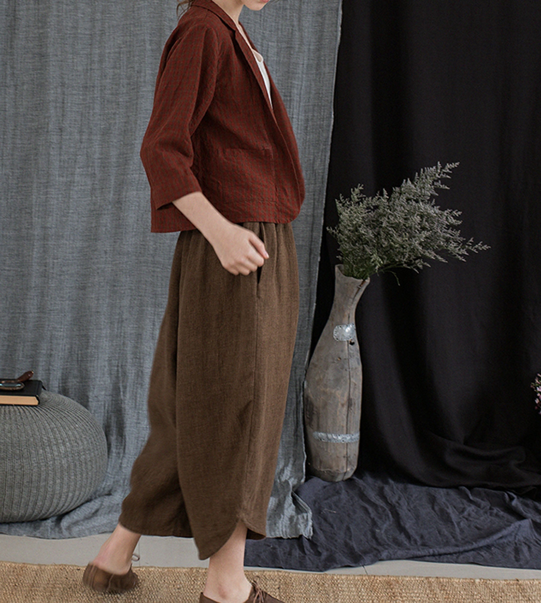 edoa Brown Twill Ramie Fisherman Pants