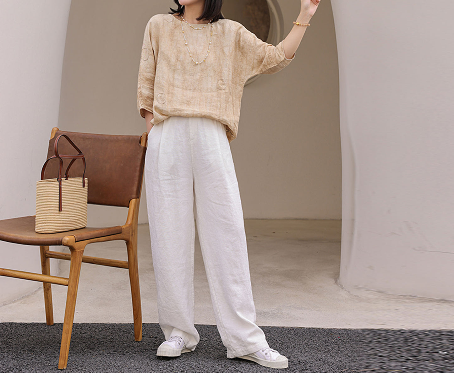 edoa Distressed Crinkled Linen Top with Hand Embroidery 