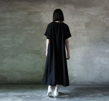 edoa Linen Gathering Neck A-line Tie Dress