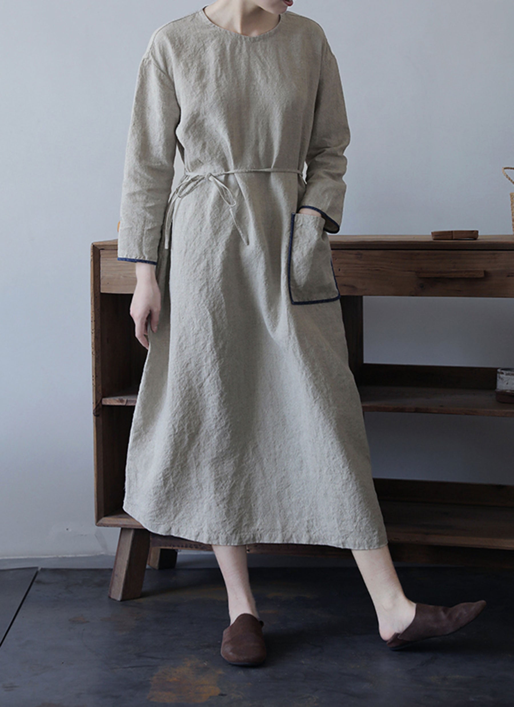 edoa Flax Linen Bracelet Sleeves A-line Dress