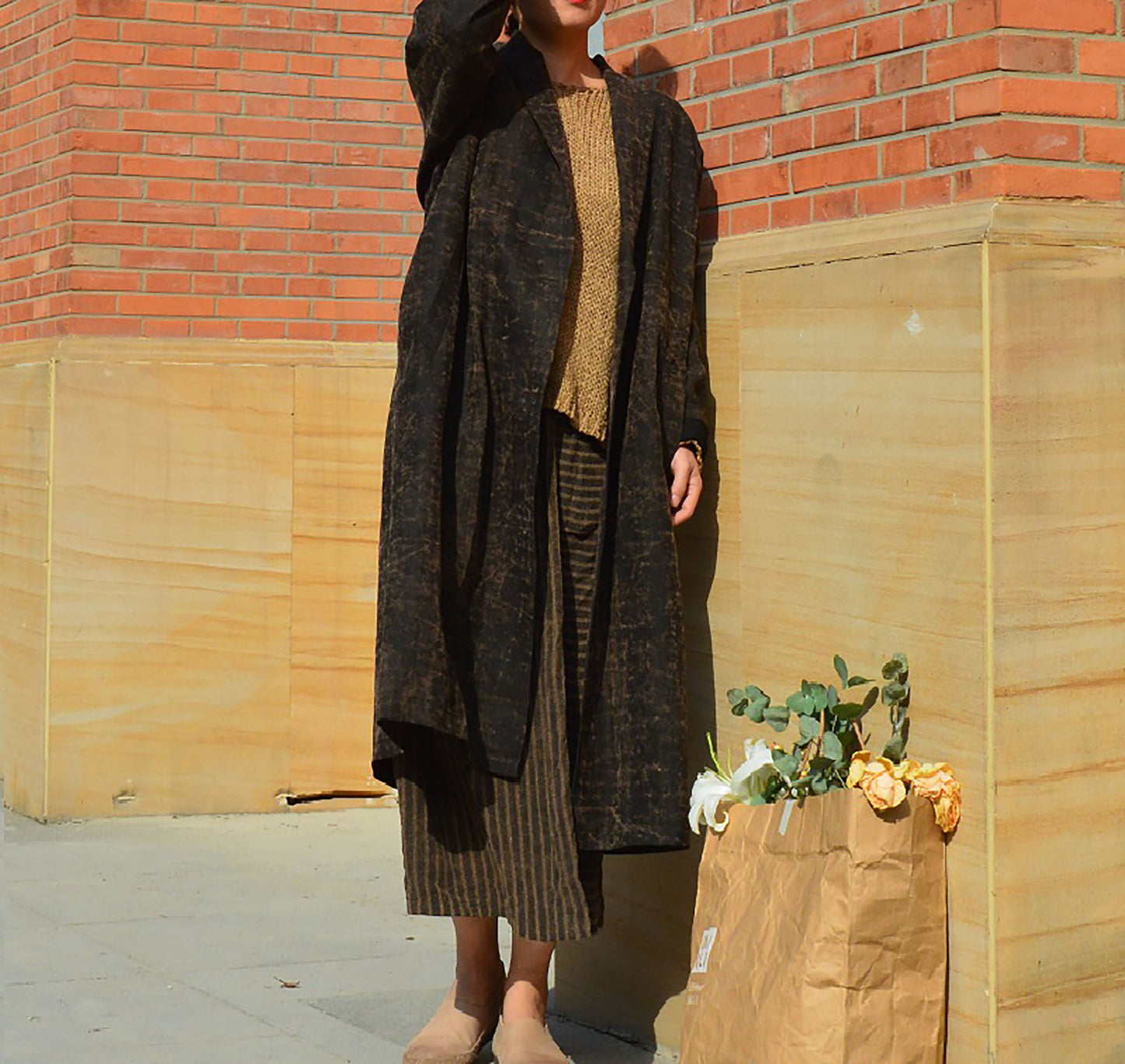 edoa Cracked Mud Silk Shawl Collar Duster Coat 