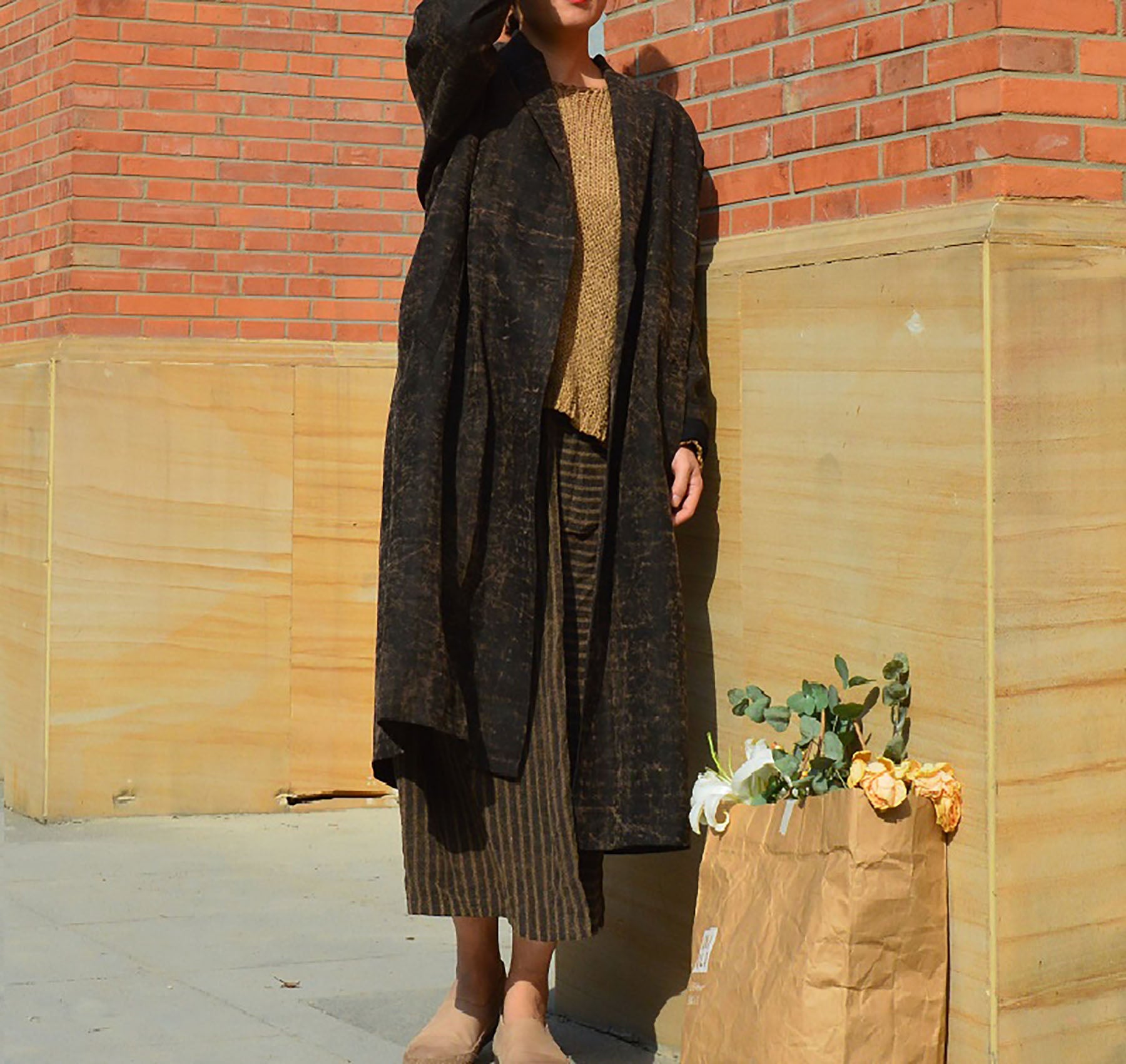 edoa Cracked Mud Silk Shawl Collar Duster Coat 