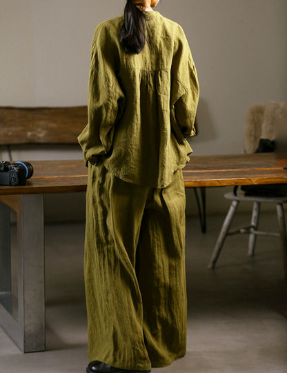 edoa Loose Linen Shirt with Gathered Pocket 