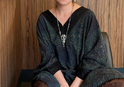 Reversible Loose Fitting Printed V-neck Mud Noil Silk Dress dr0239 X190