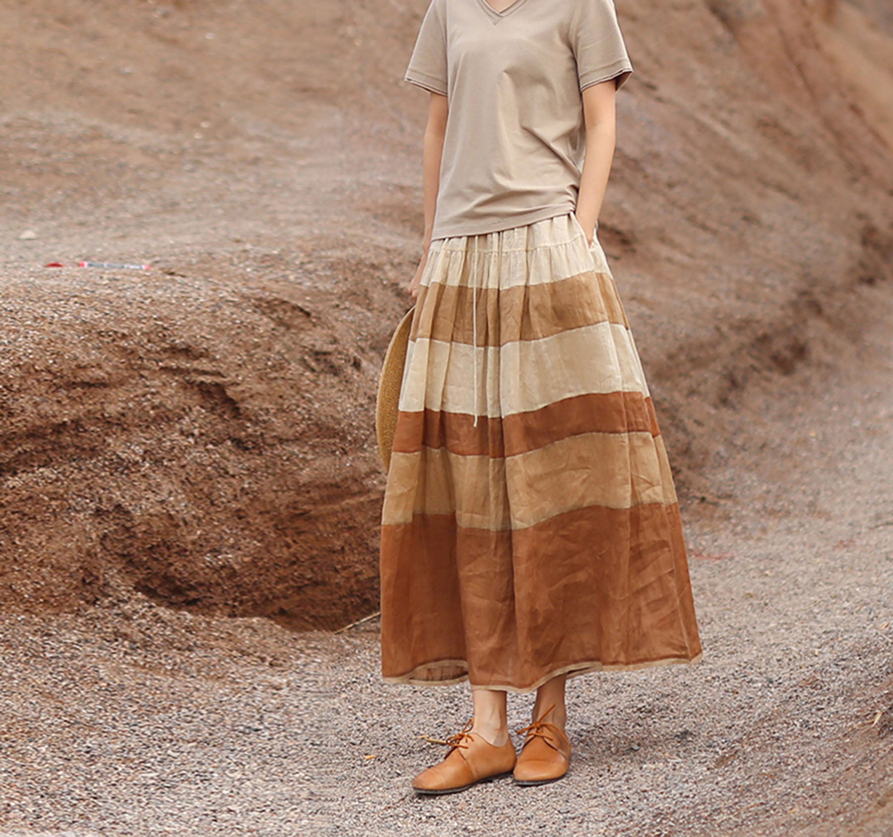 edoa Ramie Gauzy Patchwork Tiered Skirt