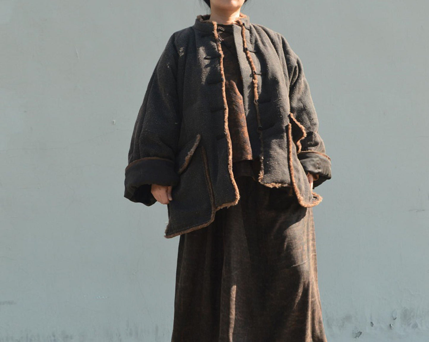 edoa Mud Tussah Silk Goose Down Chinese Coat 