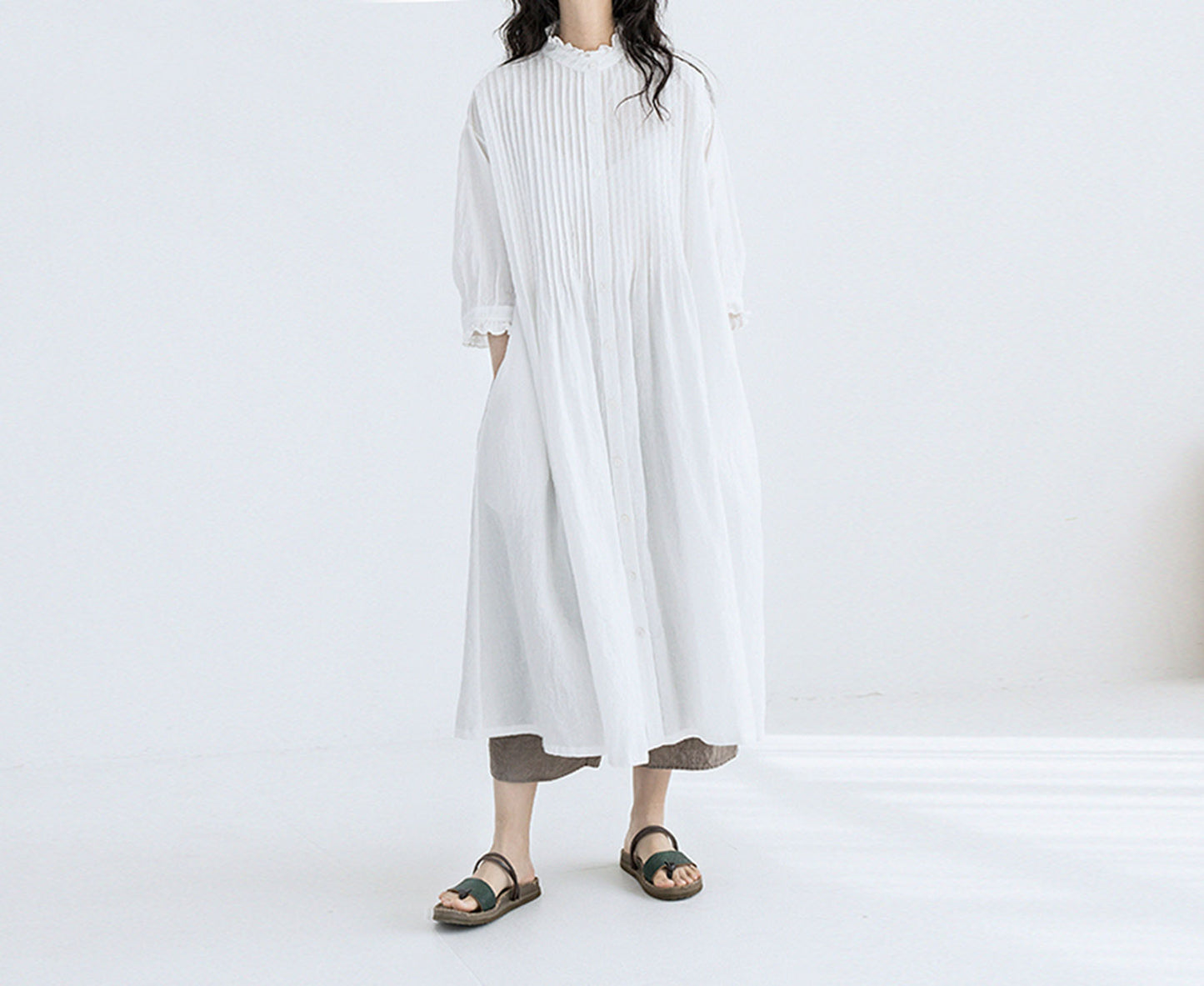 edoa High Counted Linen Pintucked Shirt Dress