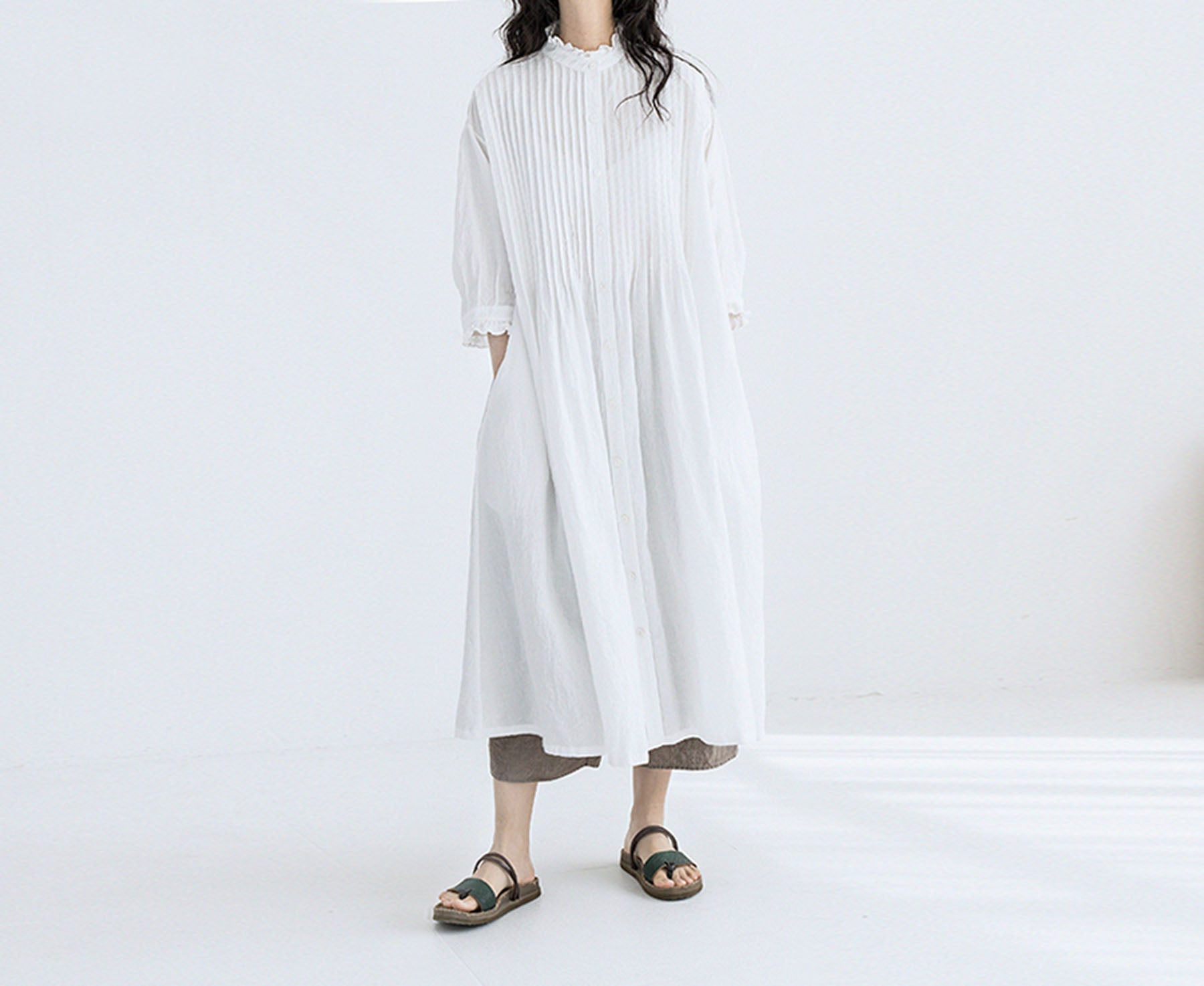 edoa High Counted Linen Pintucked Shirt Dress