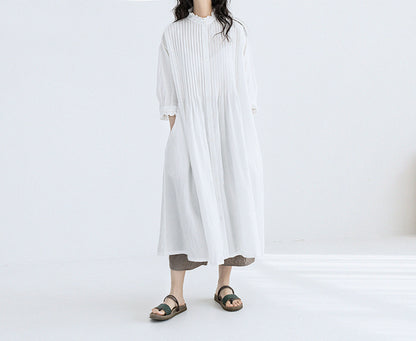 edoa High Counted Linen Pintucked Shirt Dress
