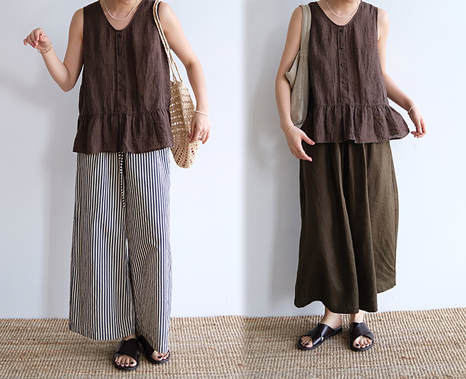 edoa Brown Yarn Dyed Linen Tank Top
