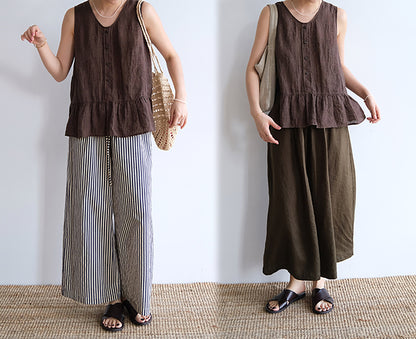 edoa Brown Yarn Dyed Linen Tank Top