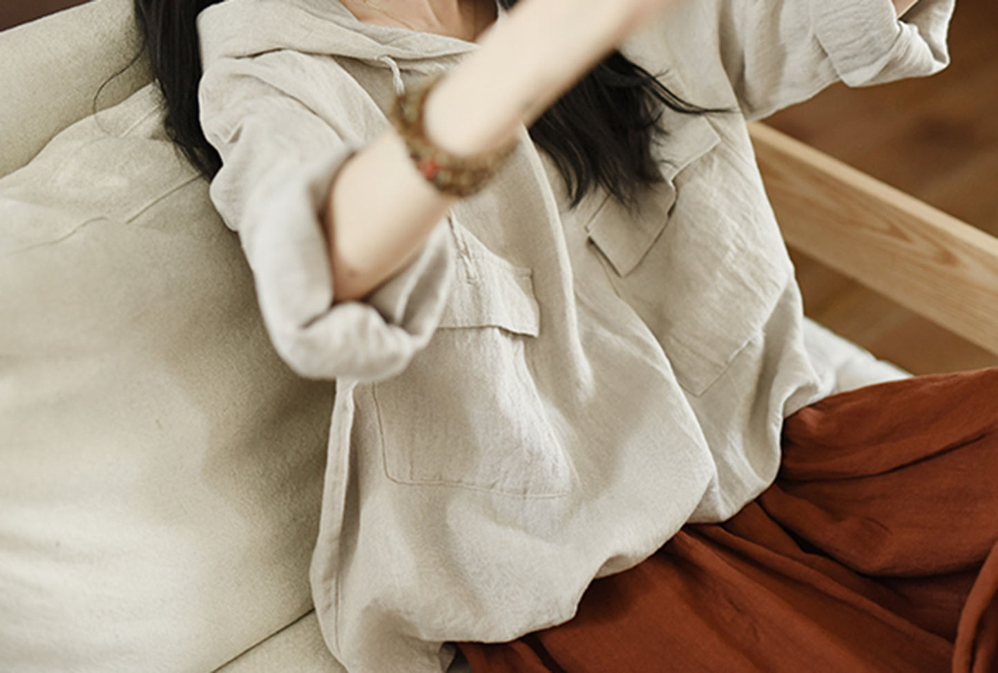edoa Loose Washed Flax Linen Hooded Pullover 