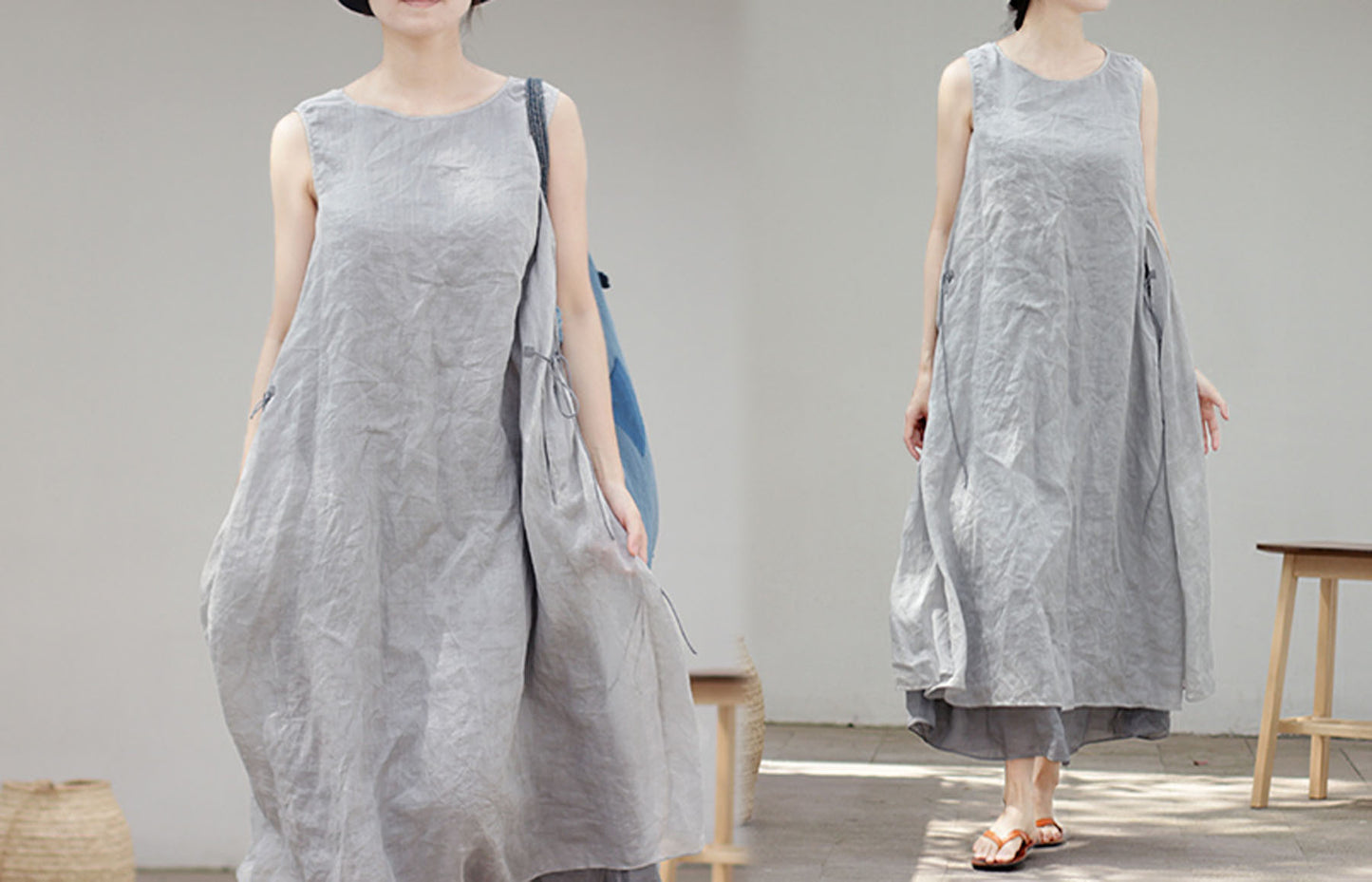 edoa Two Layer Ramie Long Sleeveless Dress