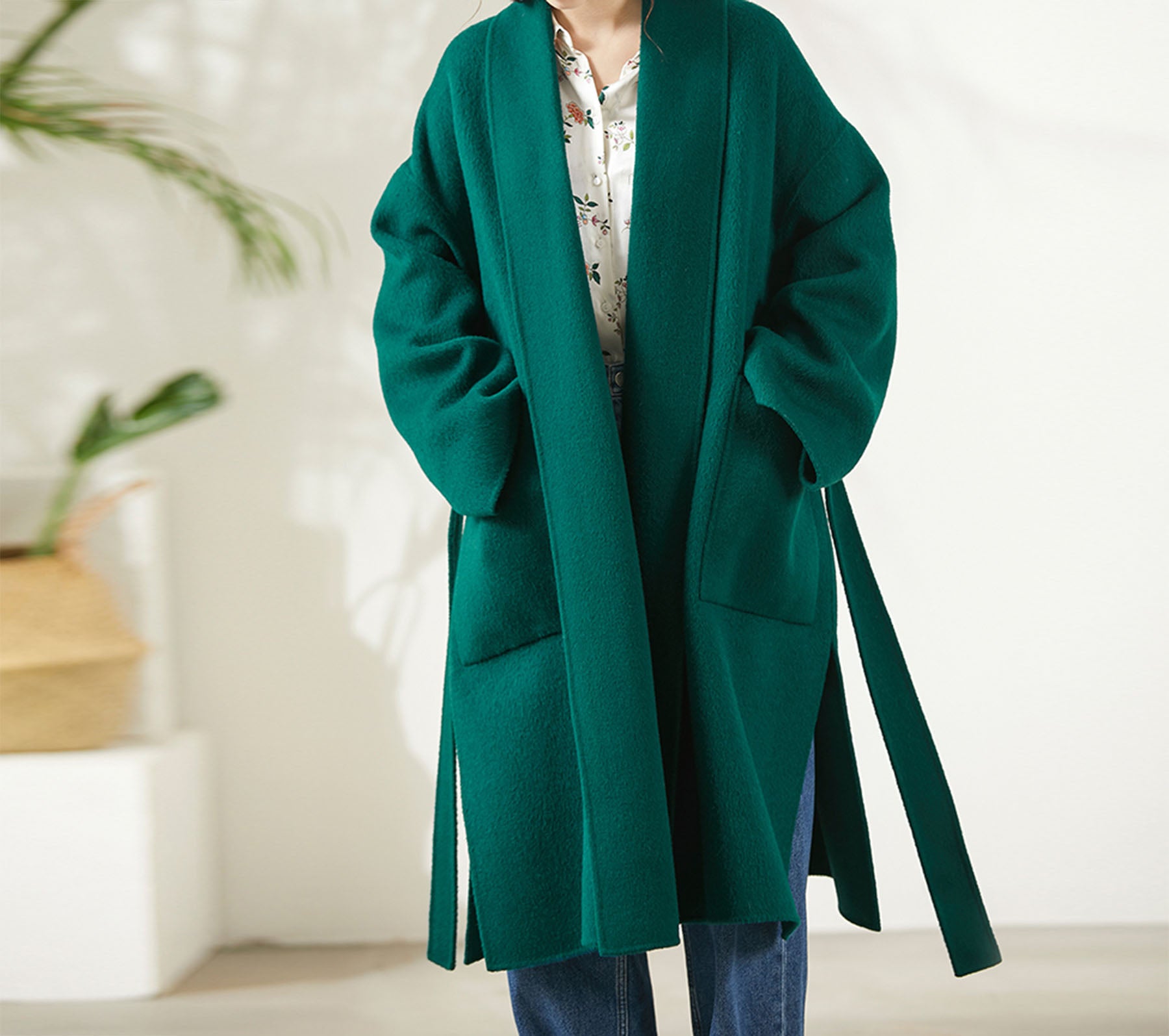 edoa  Double-faced Wool Belted Trapeze Wrap Coat