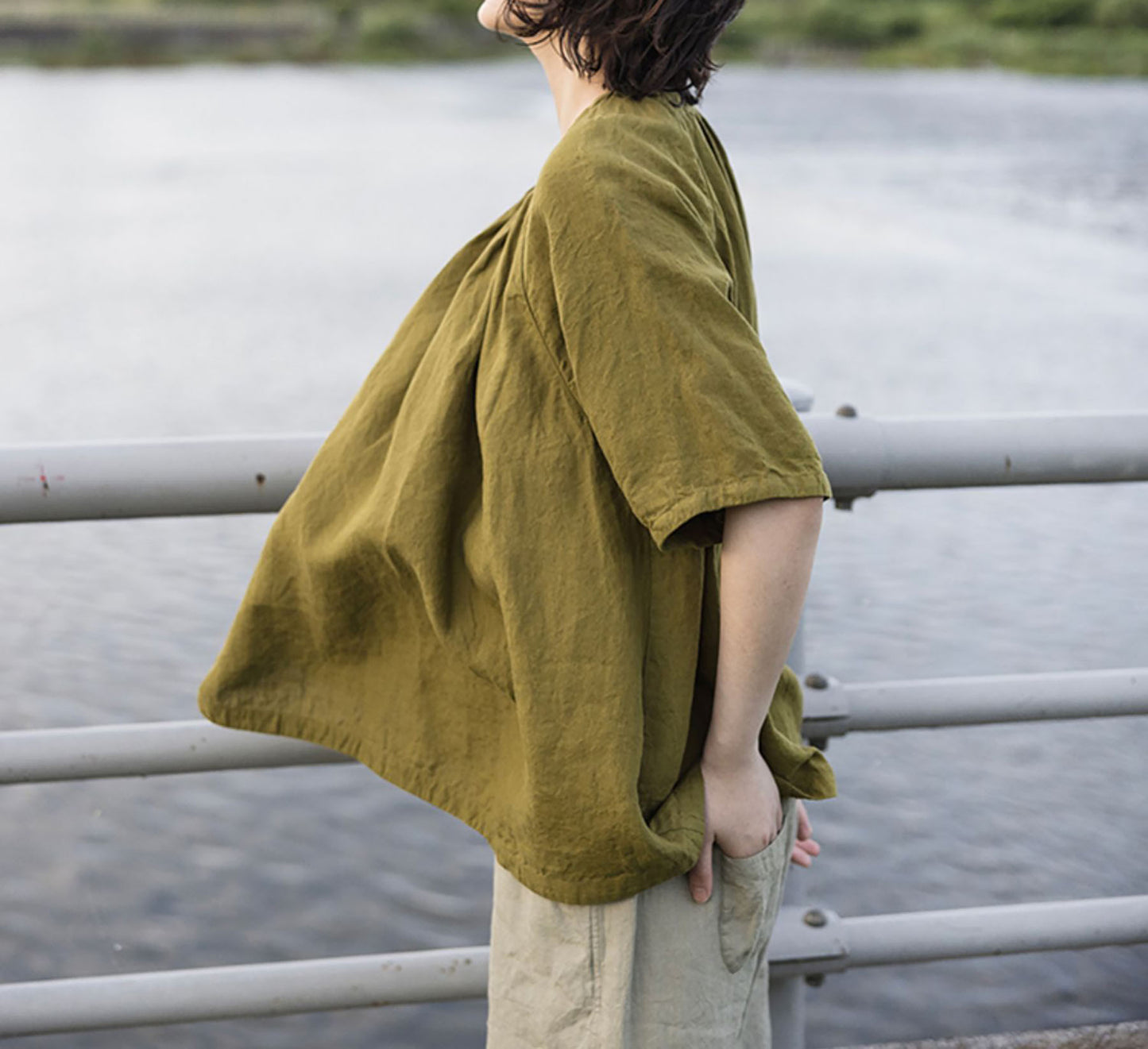 edoa Summer Linen Gathered Neck Blouse