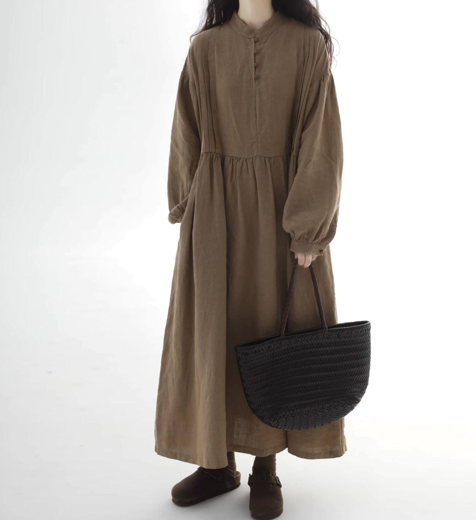 edoa Loose Brown Stone-washed Linen Dress
