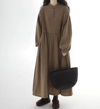 edoa Loose Brown Stone-washed Linen Dress