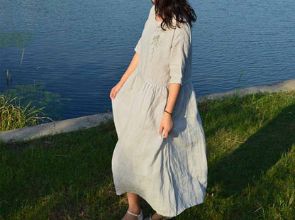 edoa Hand Embroidered Ramie Dress
