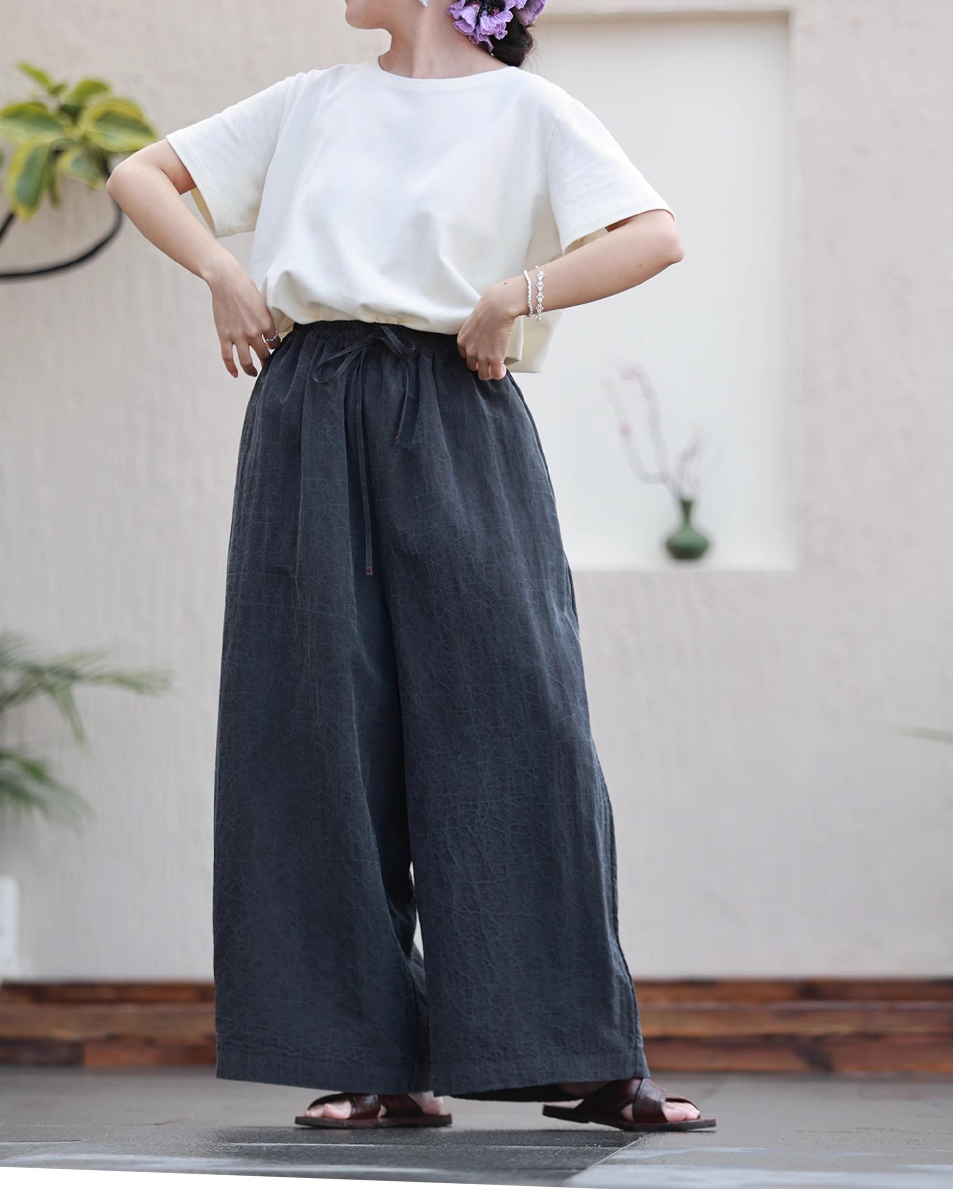 edoa Cracked Mud Silk Wide Leg Pants 