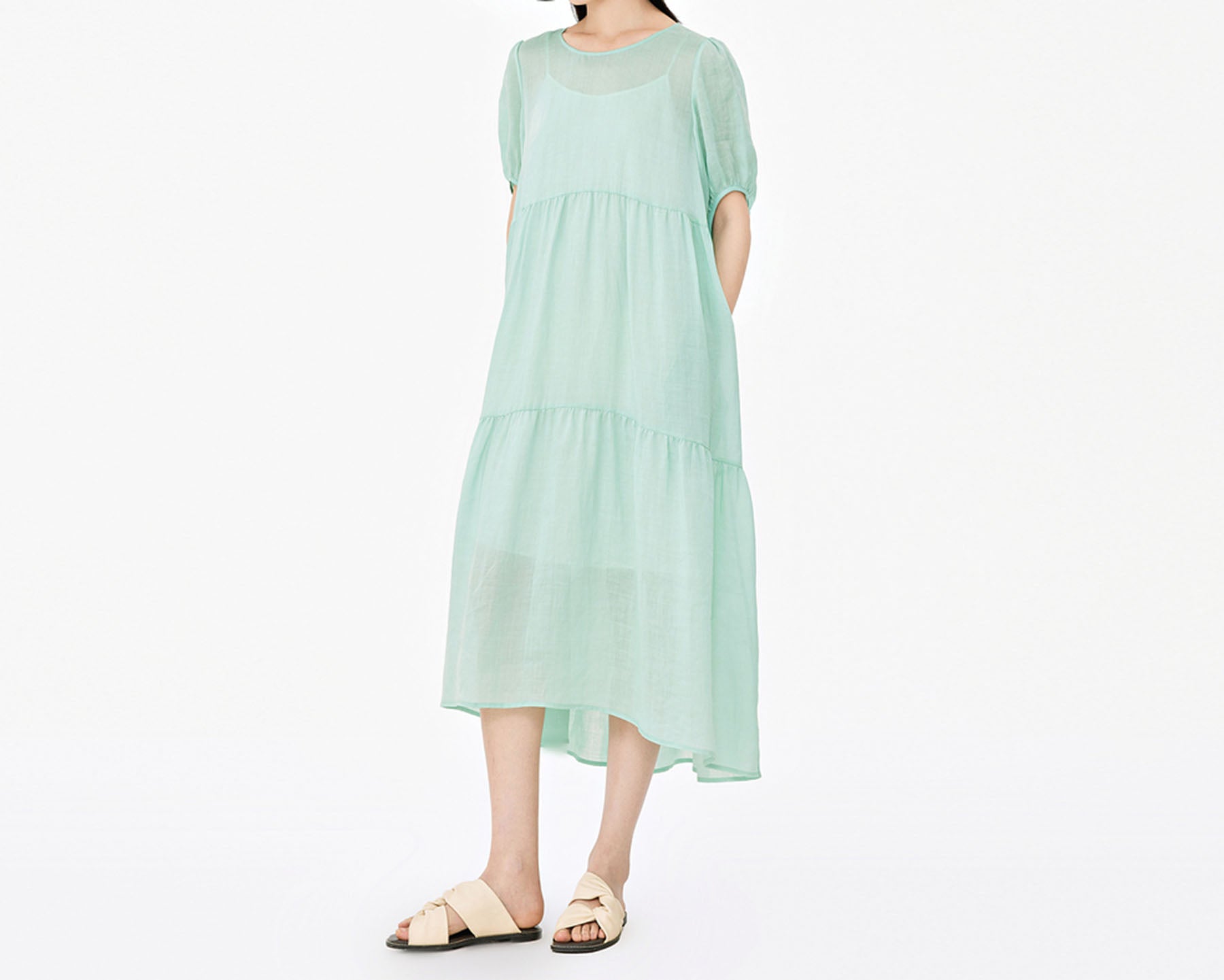 edoa Loose Ramie Rayon blend High Waist Tiered Dress