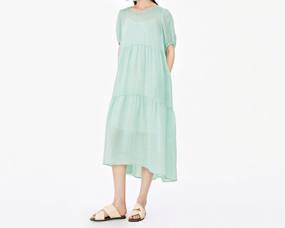 edoa Loose Ramie Rayon blend High Waist Tiered Dress