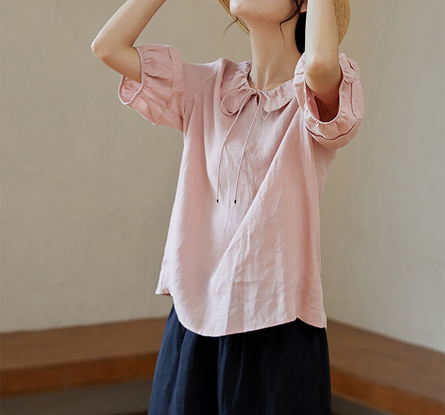 edoa Pink Linen Ruffle Blouse