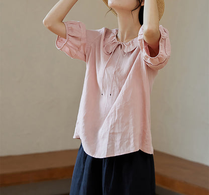 edoa Pink Linen Ruffle Blouse