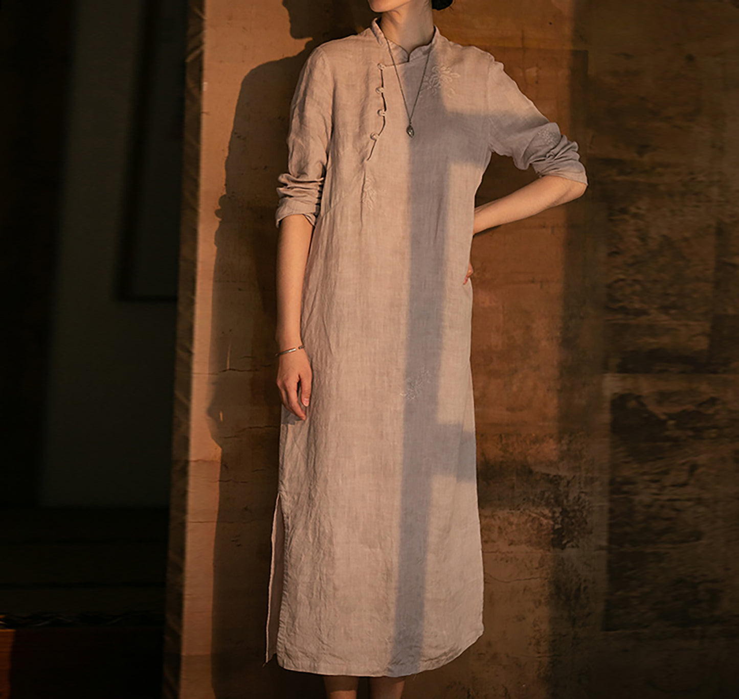 edoa Embroidered Linen Qipao Dress
