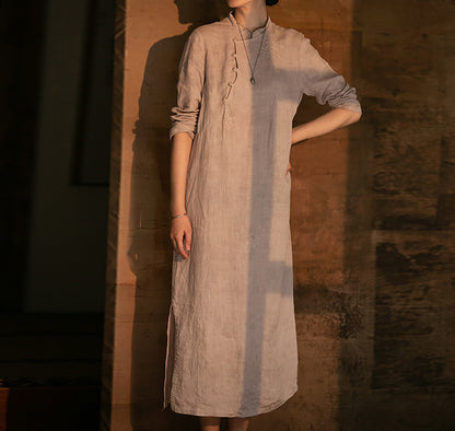 edoa Embroidered Linen Qipao Dress