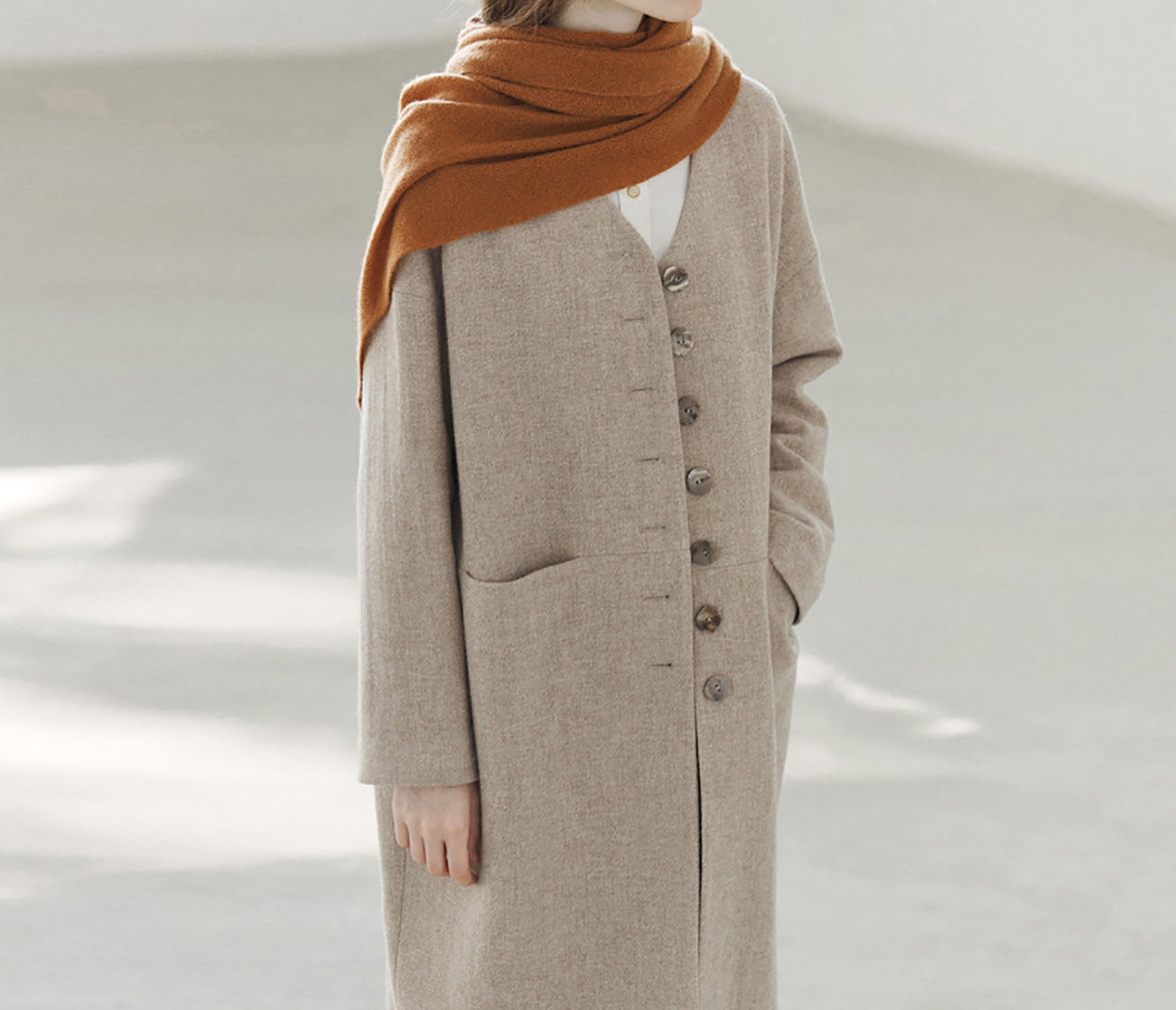 edoa Elegant V-neck Wool Long Coat