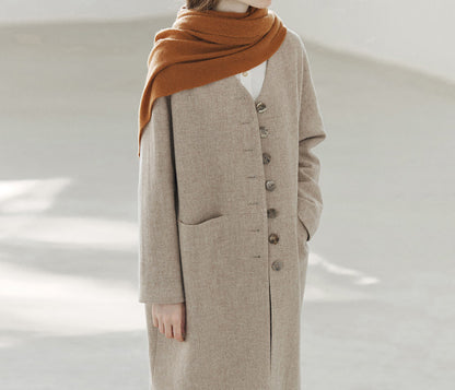 edoa Elegant V-neck Wool Long Coat