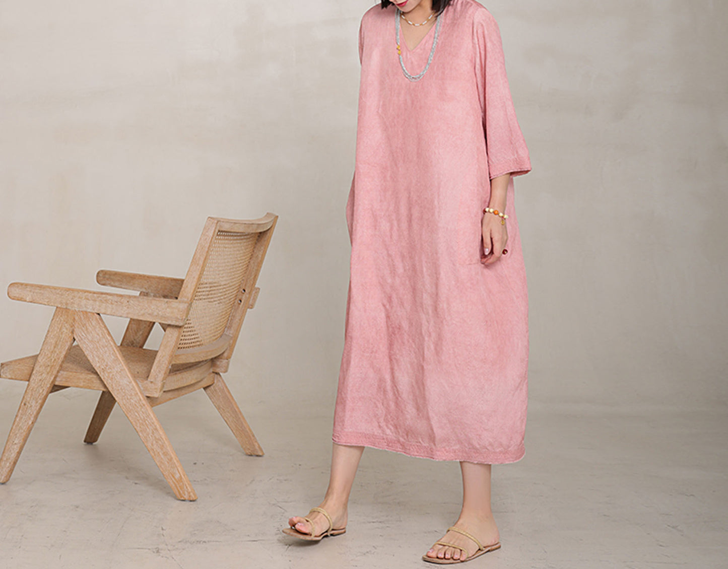 edoa Distressed Plant Dyed Tussah Silk V-neck Dress