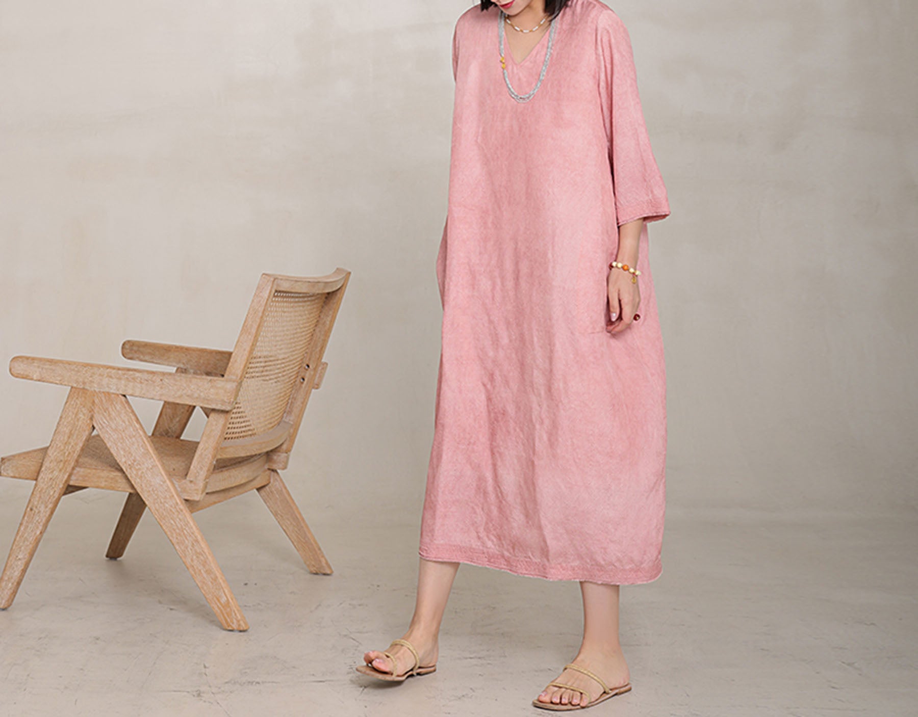 edoa Distressed Plant Dyed Tussah Silk V-neck Dress