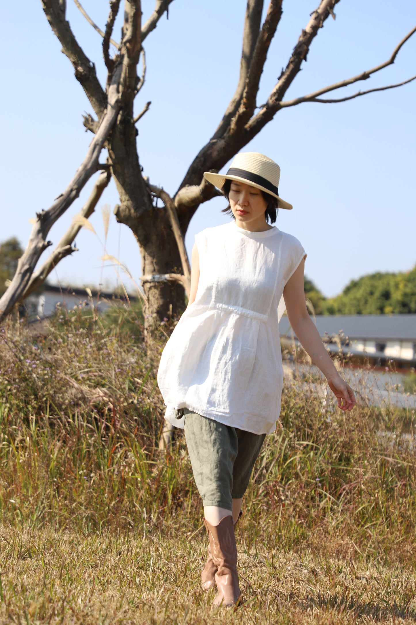 edoa White Oversized Linen Sleeveless Swing Top with Band Collar