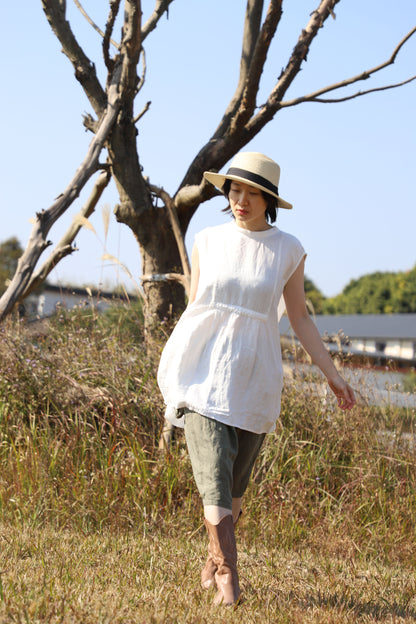 edoa White Oversized Linen Sleeveless Swing Top with Band Collar