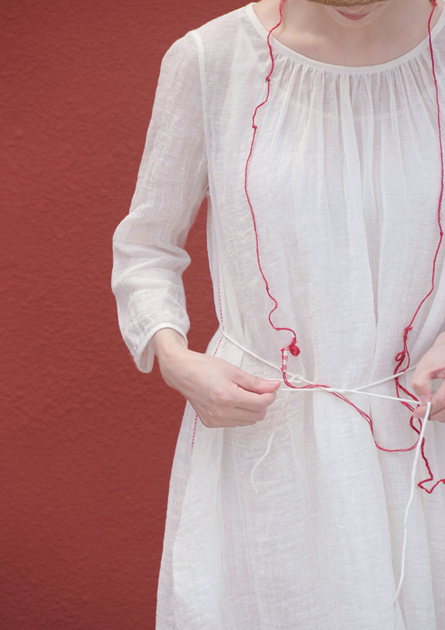 edoa White Linen Gauzy Maxi Dress with Hand Stitch Jointed Panels