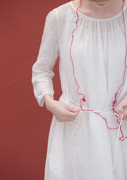 edoa White Linen Gauzy Maxi Dress with Hand Stitch Jointed Panels